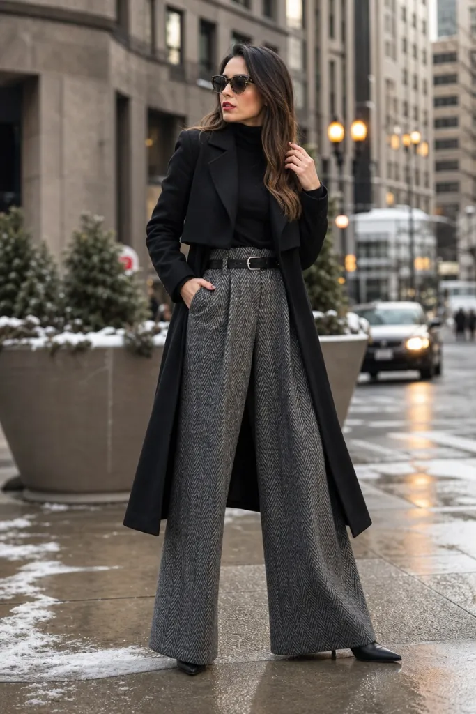 Black long coat and turtleneck with grey herringbone wide-leg trousers and black pointed boots