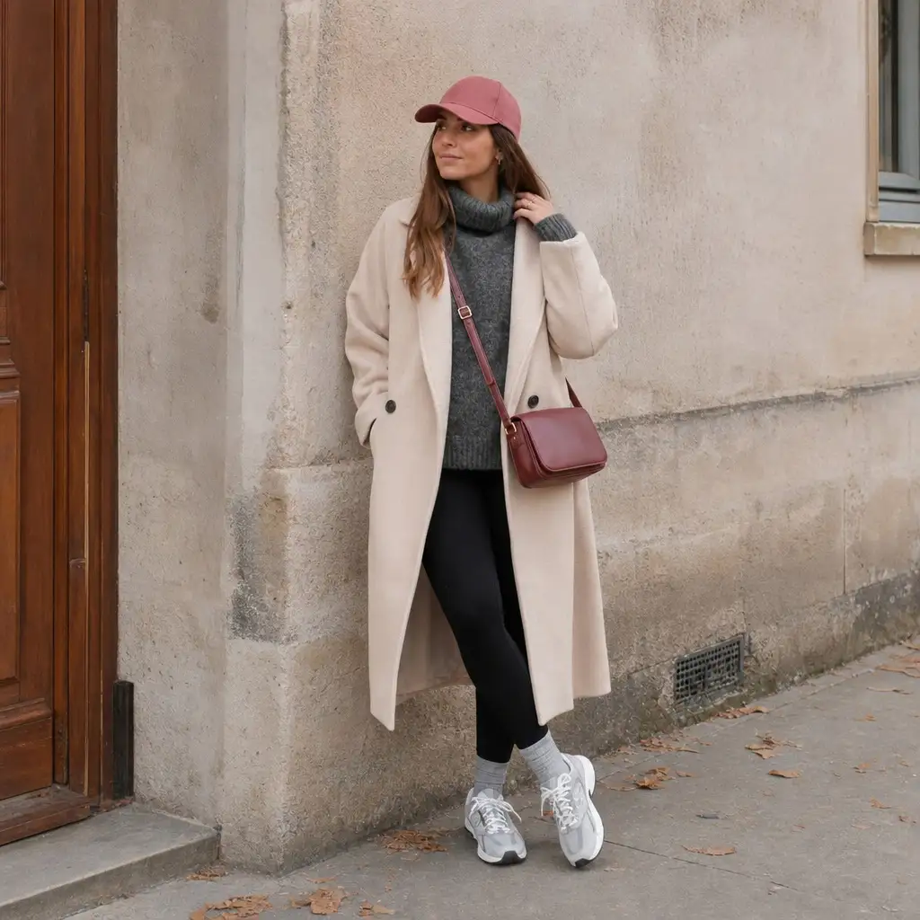 Cream long coat with pink cap, grey turtleneck, black leggings and grey sneakers