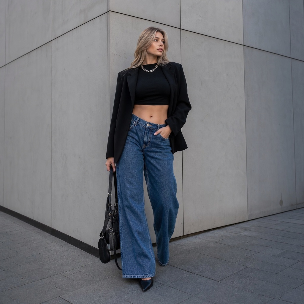 Black blazer over crop top with wide blue jeans