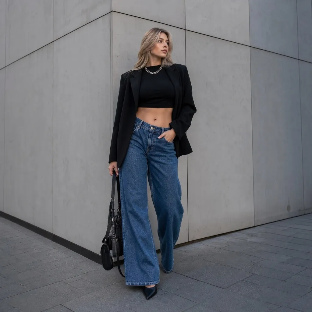 Black blazer over crop top with wide blue jeans