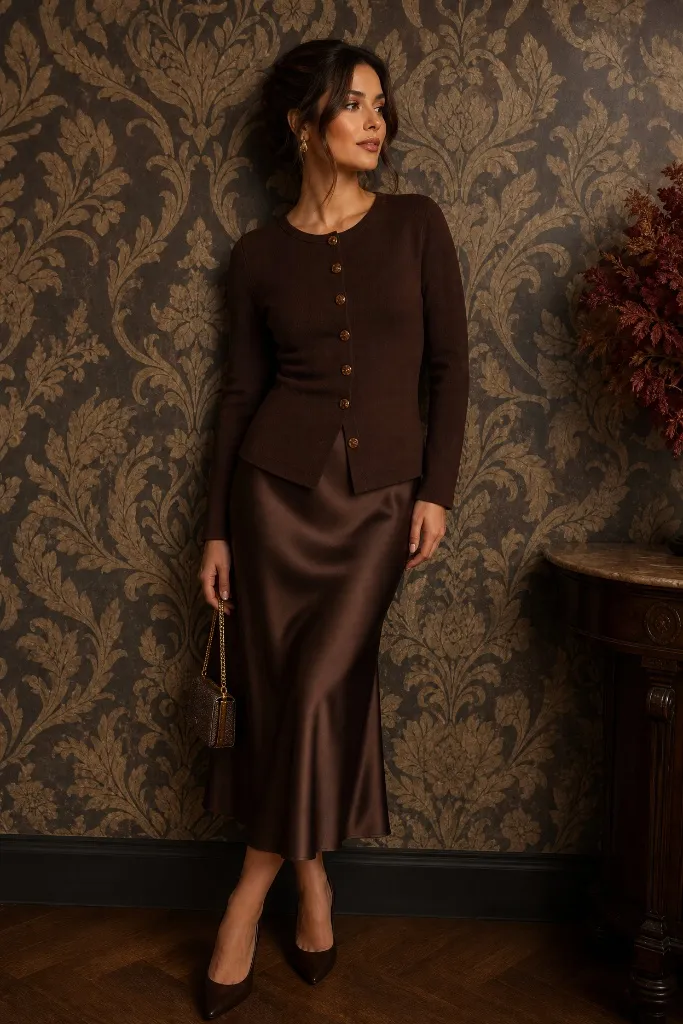 Fitted dark brown cardigan with gold buttons and chocolate satin midi skirt with matching pumps against ornate wallpaper