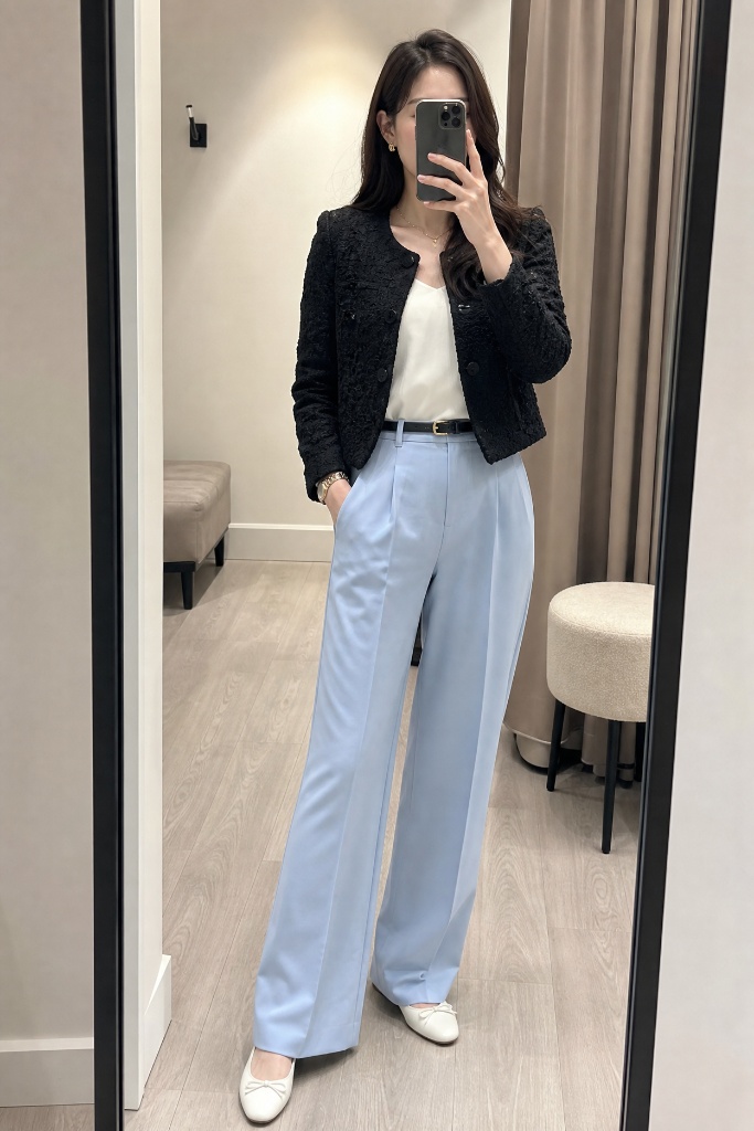 Black tweed cropped jacket with a cream top and powder-blue wide-leg trousers