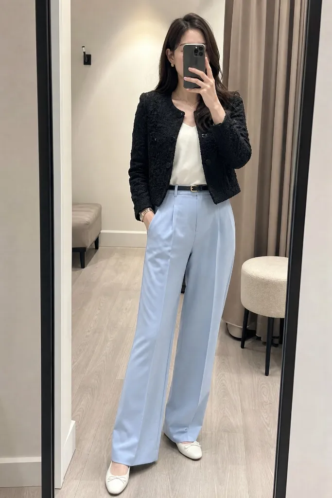 Black tweed cropped jacket with a cream top and powder-blue wide-leg trousers