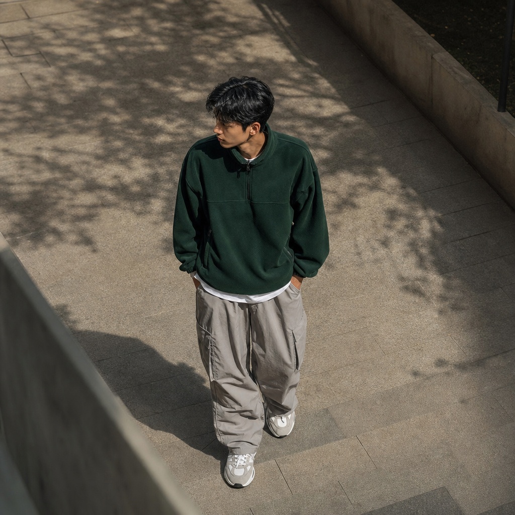 Streetwear-inspired men's fall look with green fleece half-zip pullover and grey cargo pants