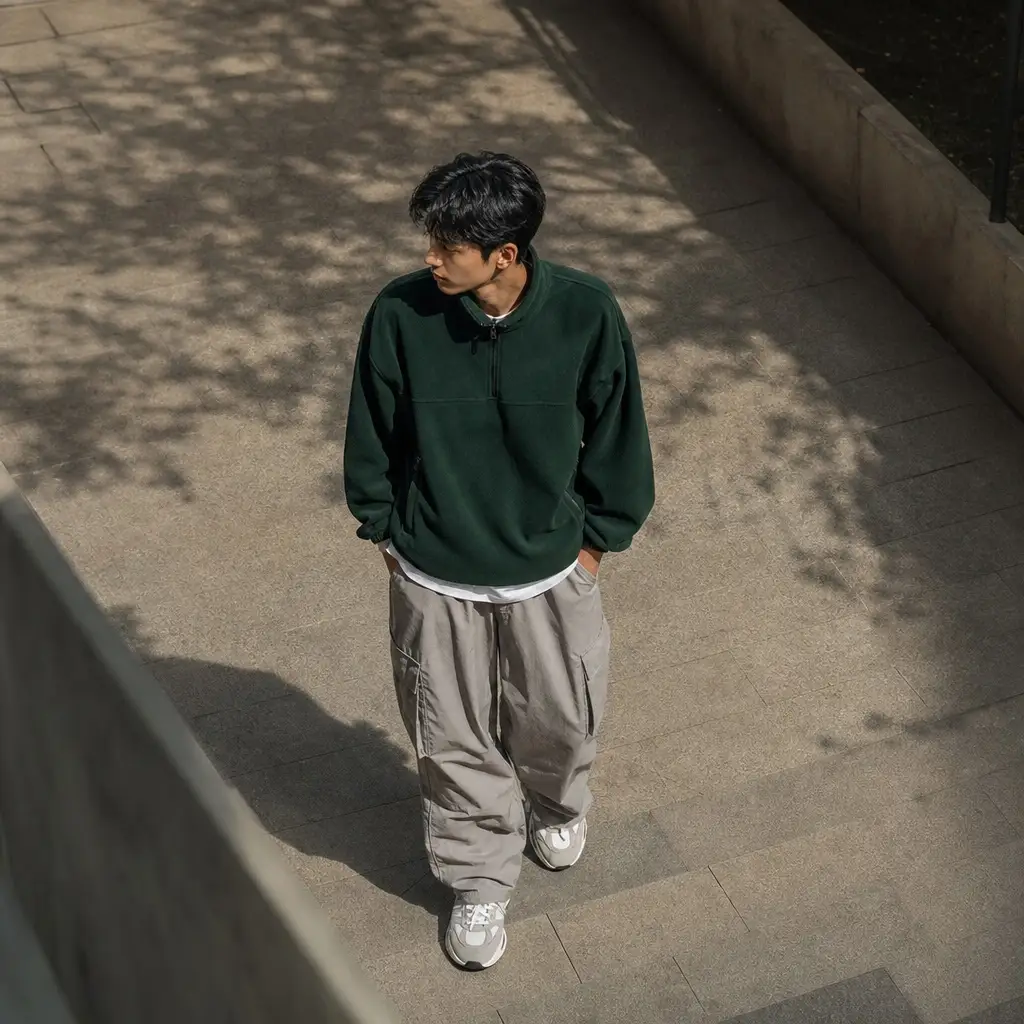 Streetwear-inspired men's fall look with green fleece half-zip pullover and grey cargo pants