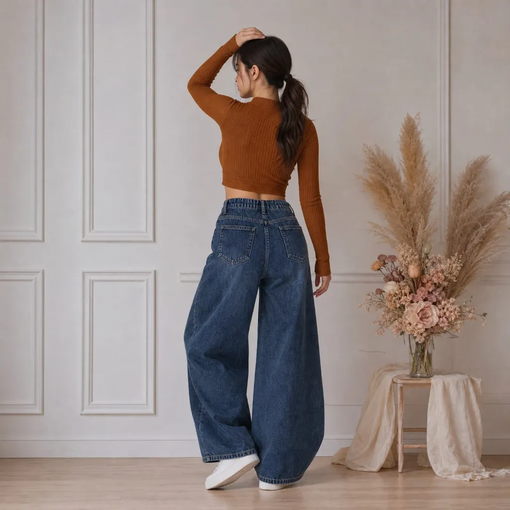 Rust crop sweater with extra wide baggy jeans