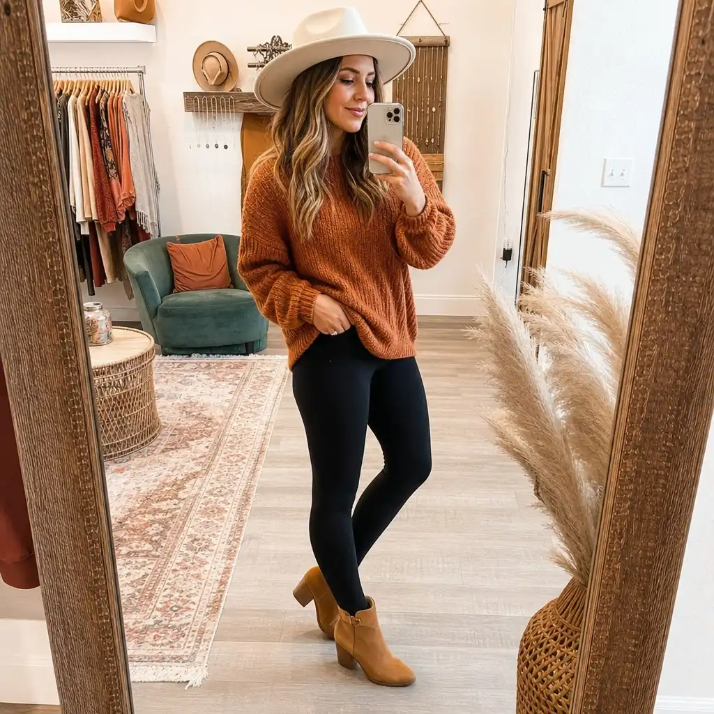 Rust knit sweater with white hat, black leggings and tan suede ankle booties