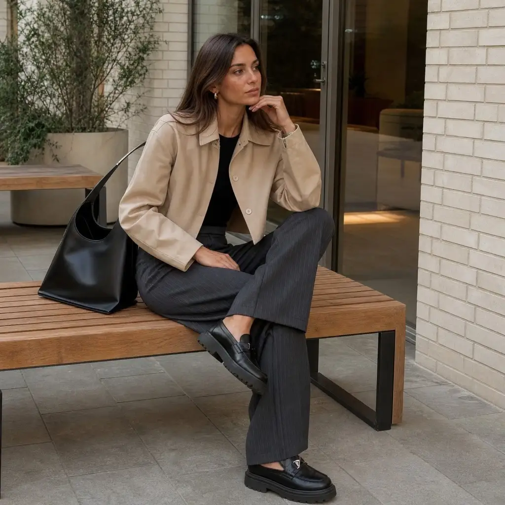 Beige cropped jacket with black top and pinstripe trousers