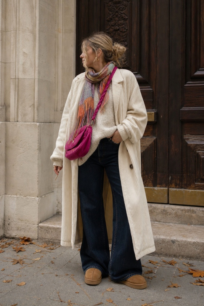 Cream corduroy long coat with colorful scarf and flare jeans