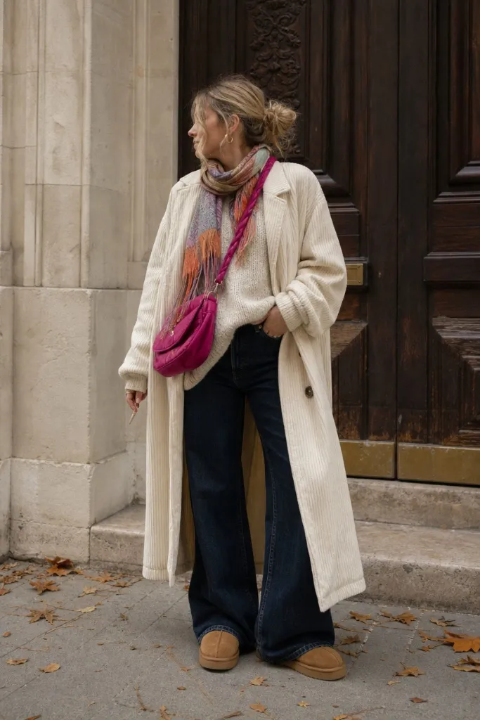 Cream corduroy long coat with colorful scarf and flare jeans