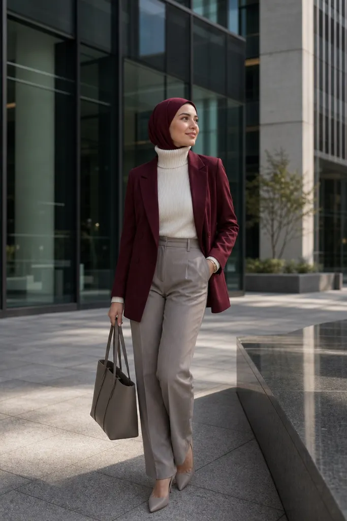 Burgundy blazer with grey trousers and white turtleneck