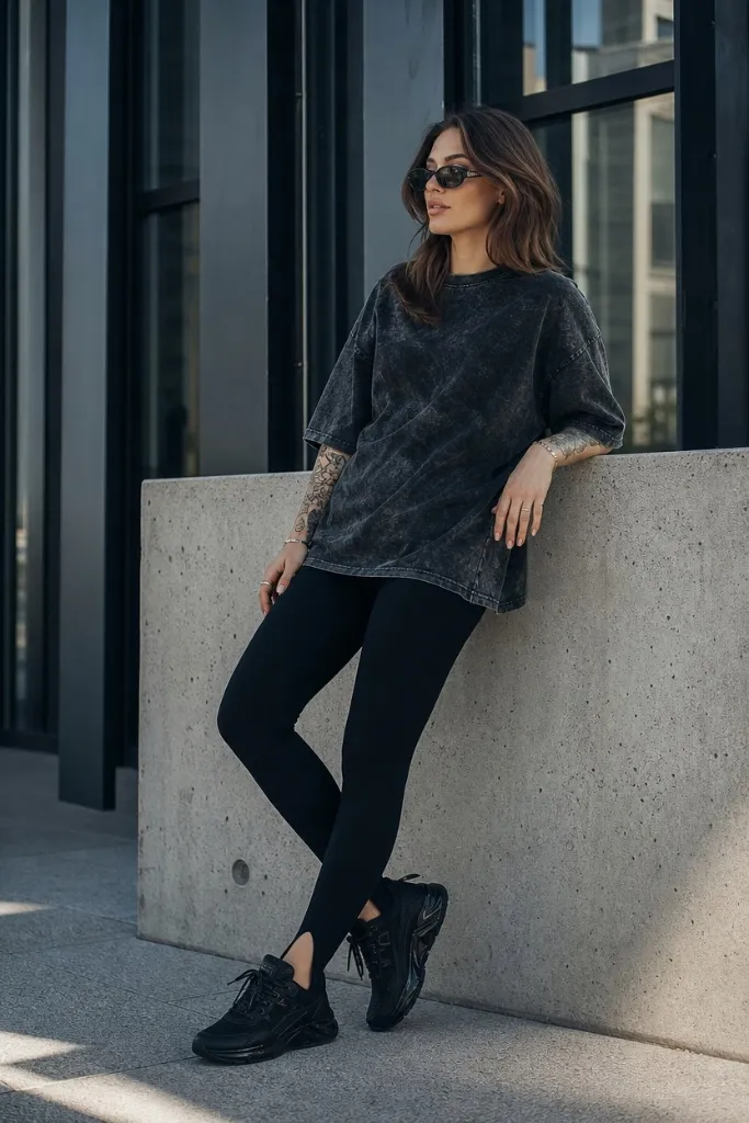 Oversized acid-wash grey tee with black leggings and black sneakers