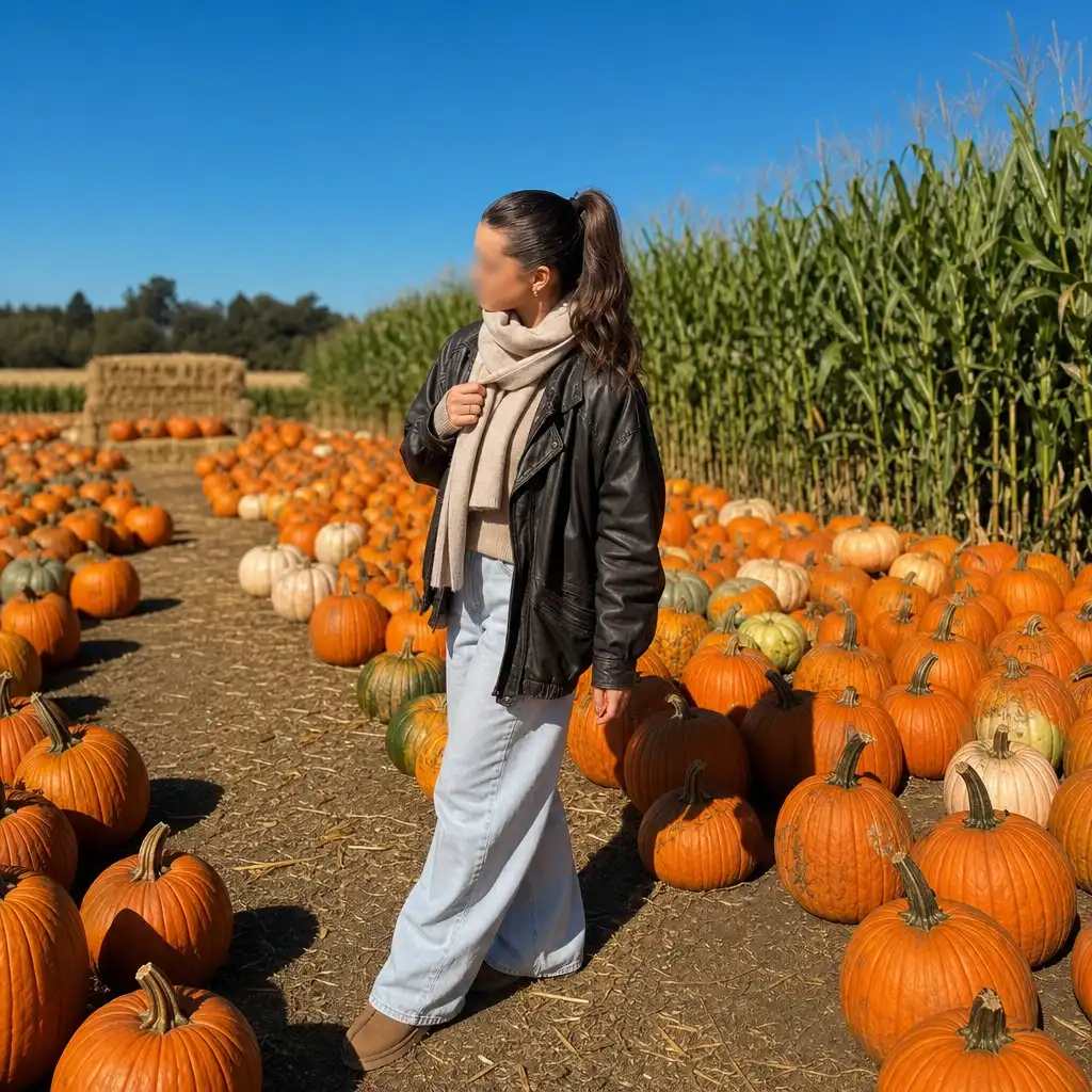 Leather jacket with scarf at pumpkin patch