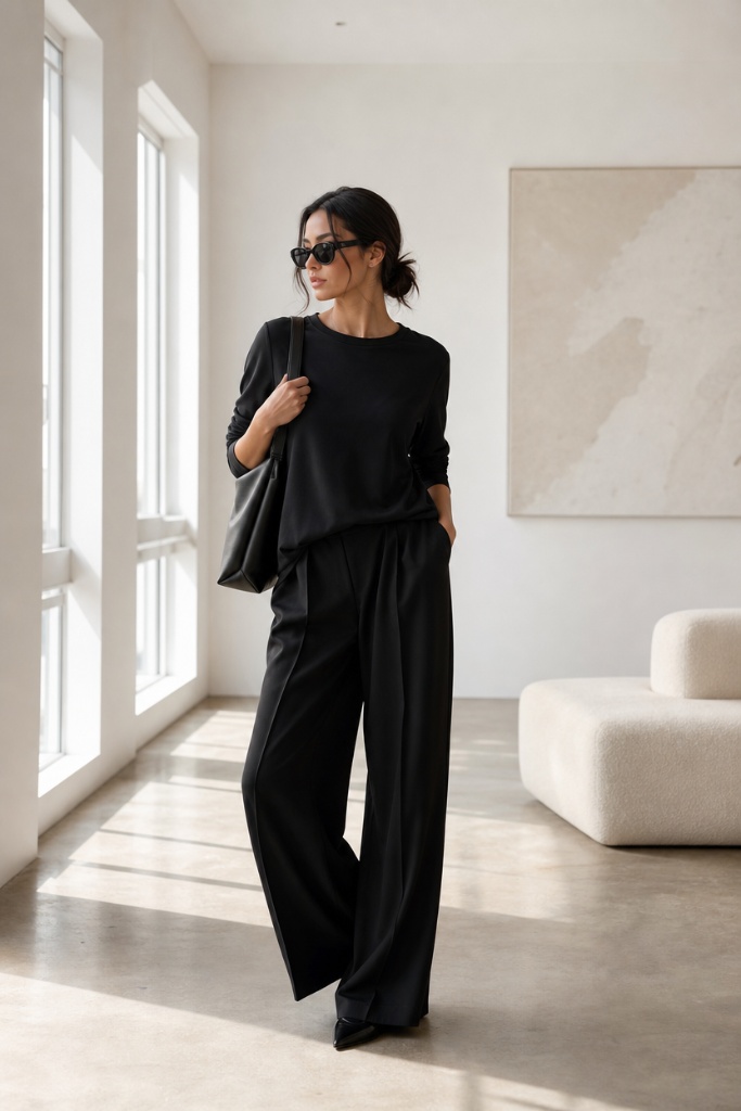 Head-to-toe black outfit with wide-leg trousers and shoulder bag