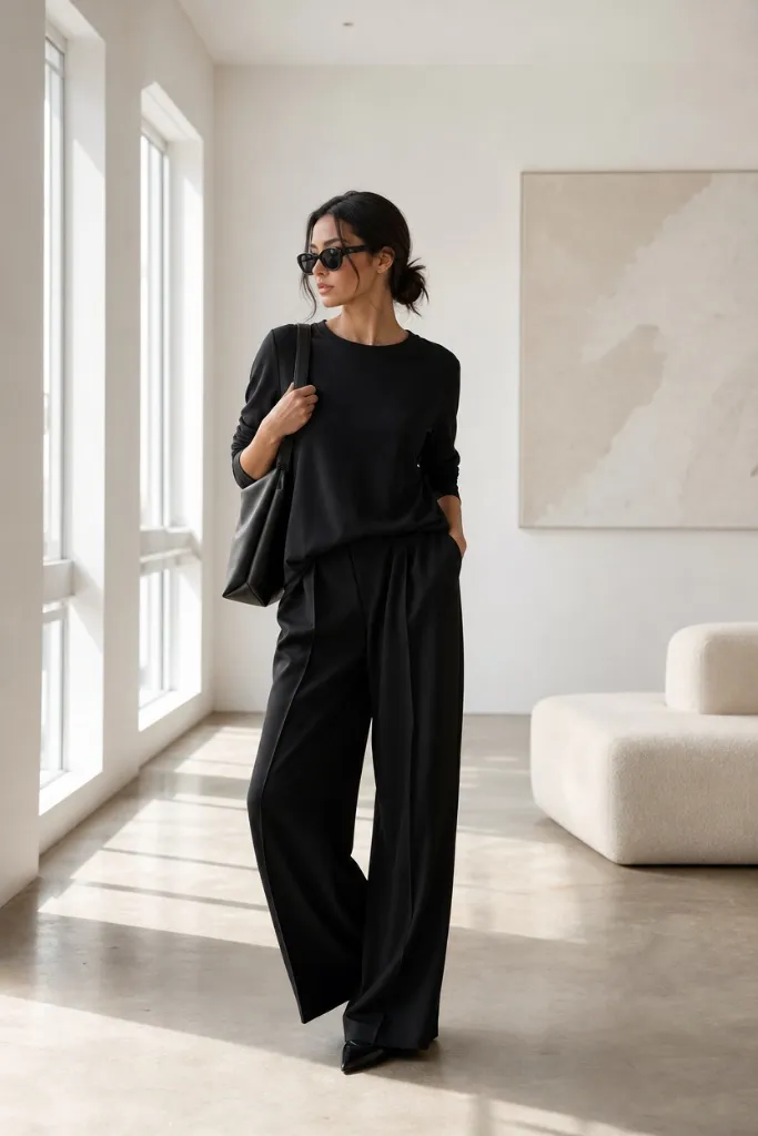 Head-to-toe black outfit with wide-leg trousers and shoulder bag