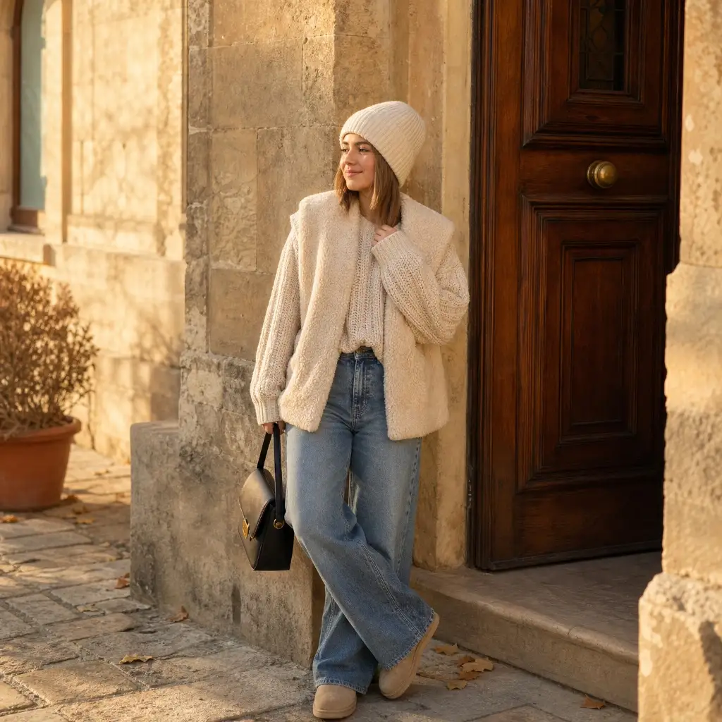 Cream beanie with knit, teddy jacket and wide jeans