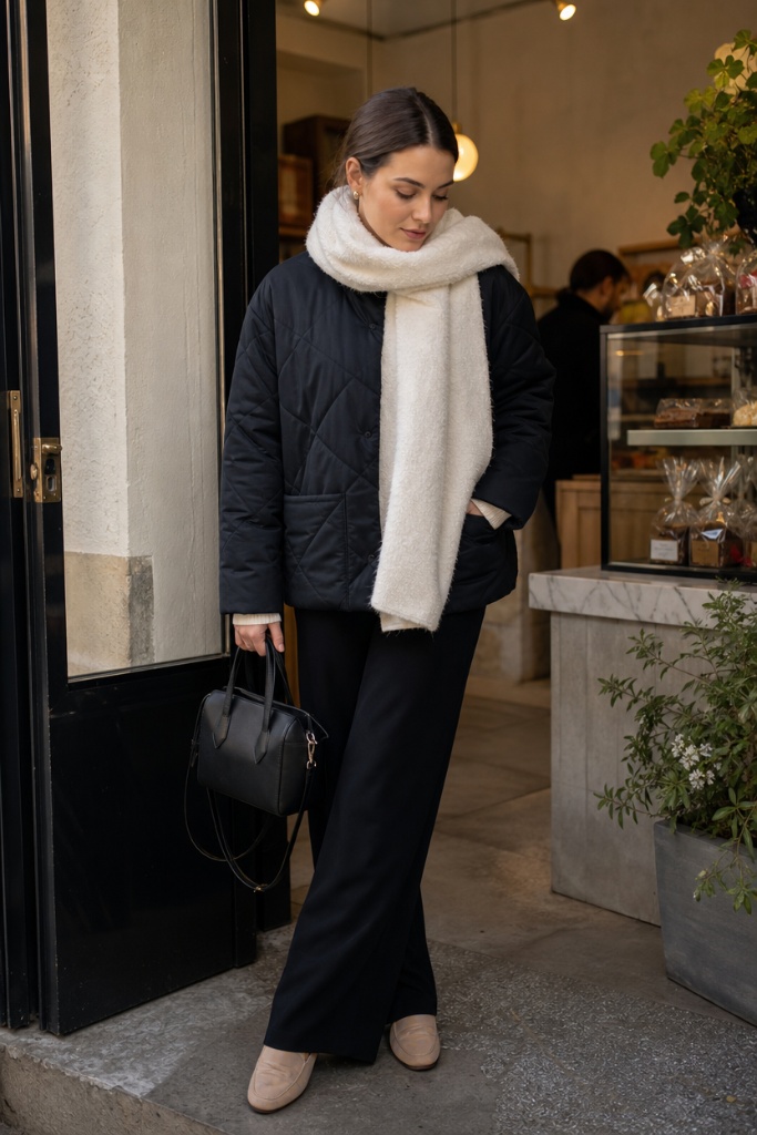 Black quilted jacket with cream scarf and wide-leg black trousers