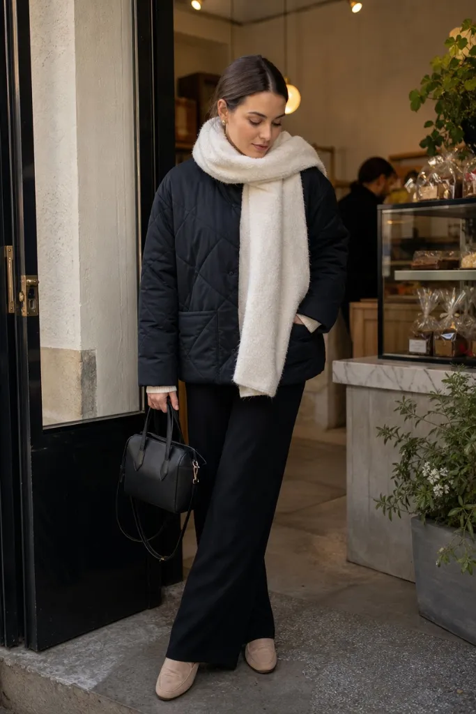 Black quilted jacket with cream scarf and wide-leg black trousers