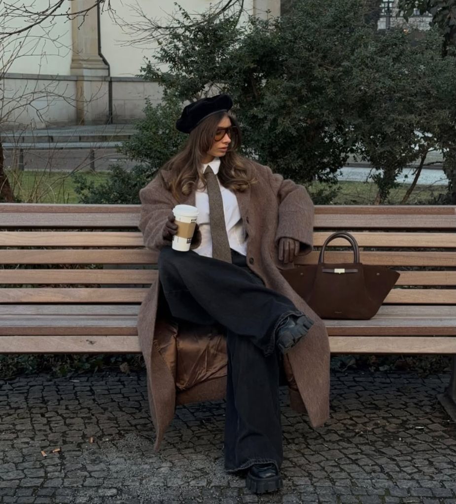 Brown wool coat with beret and tie