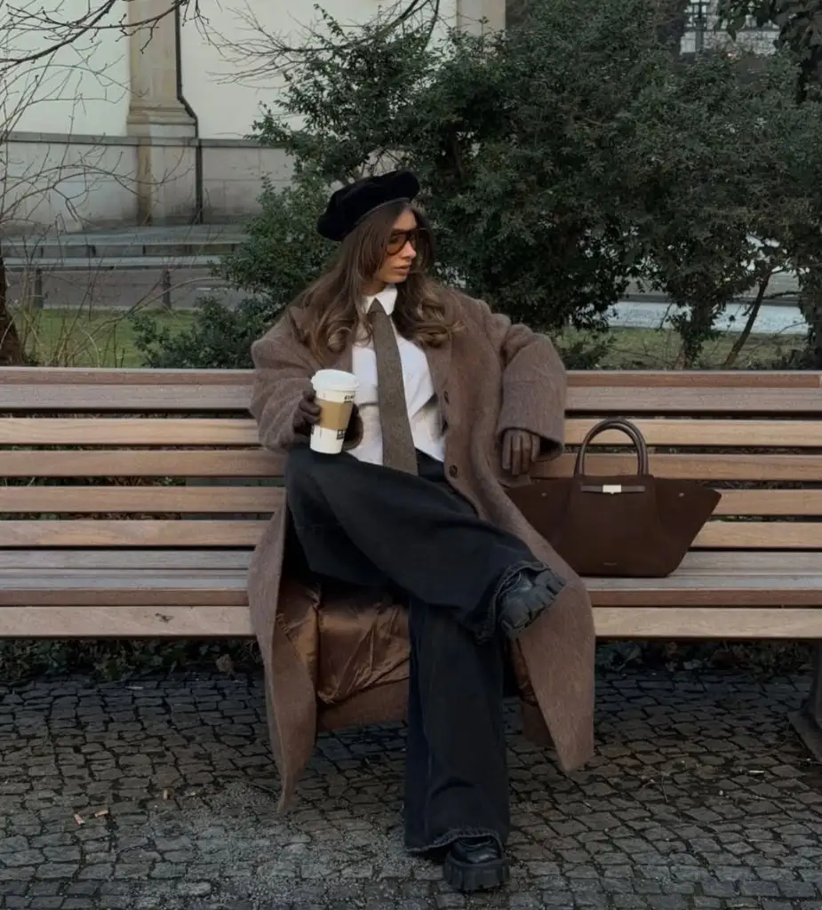Brown wool coat with beret and tie