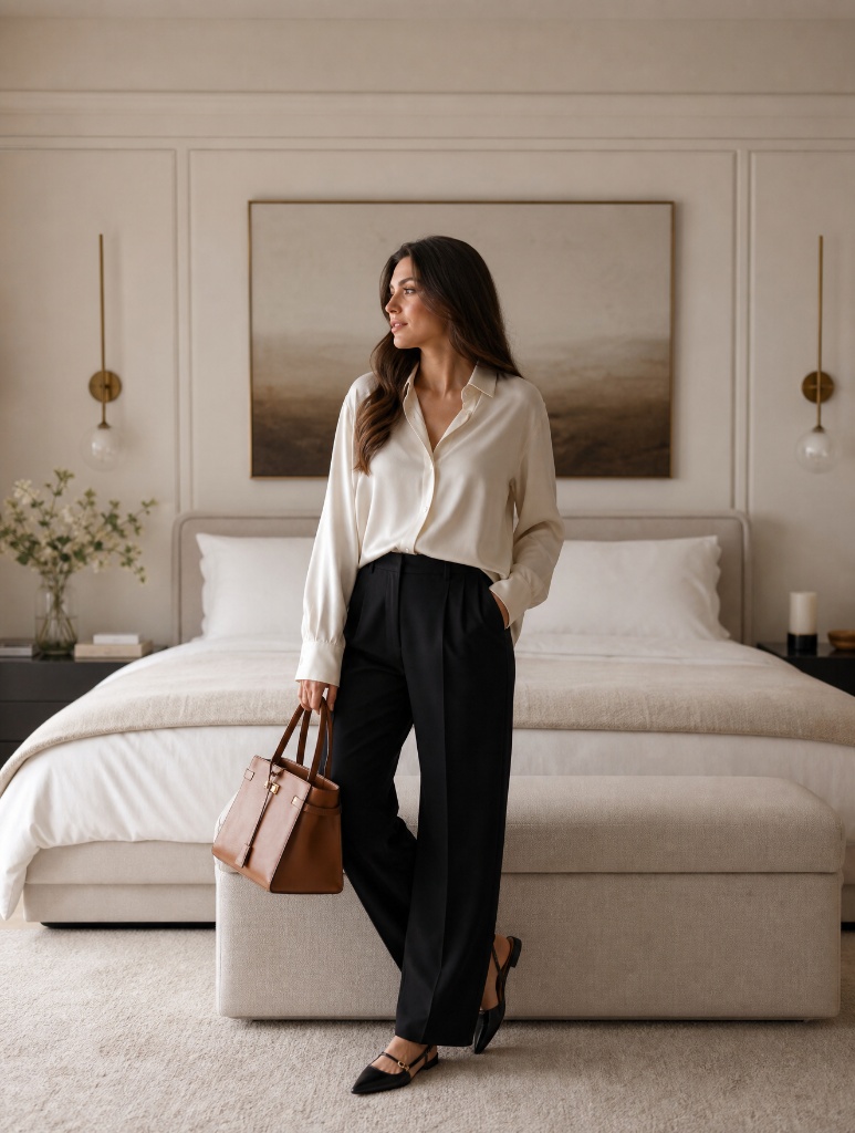 Cream silk blouse with black wide-leg trousers, cognac leather tote, and black pointed flats in elegant bedroom