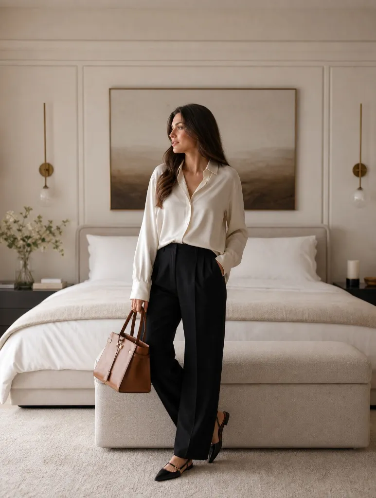 Cream silk blouse with black wide-leg trousers, cognac leather tote, and black pointed flats in elegant bedroom