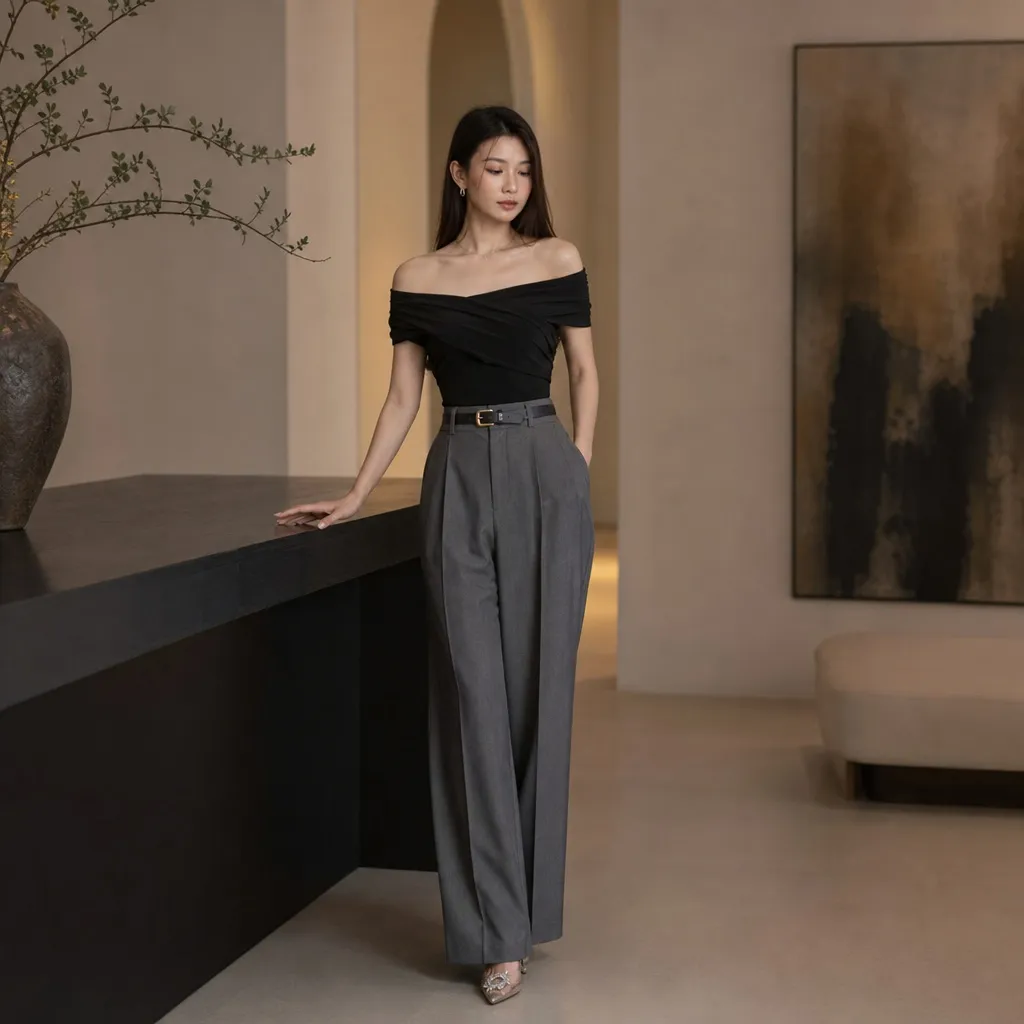 Black off-shoulder draped top with charcoal grey wide-leg pleated trousers and belt