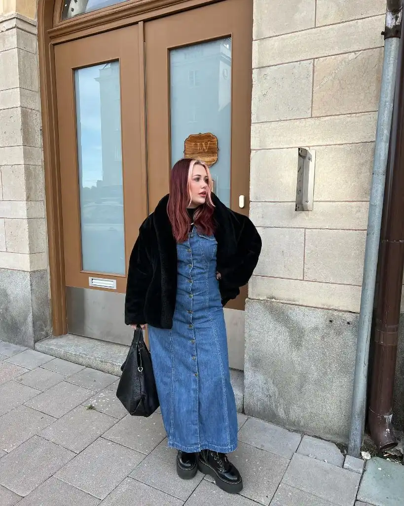 Denim maxi dress with black faux fur jacket and platform boots