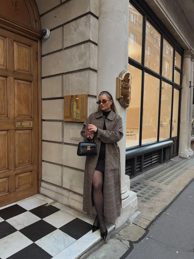 Plaid coat with mini dress and heels
