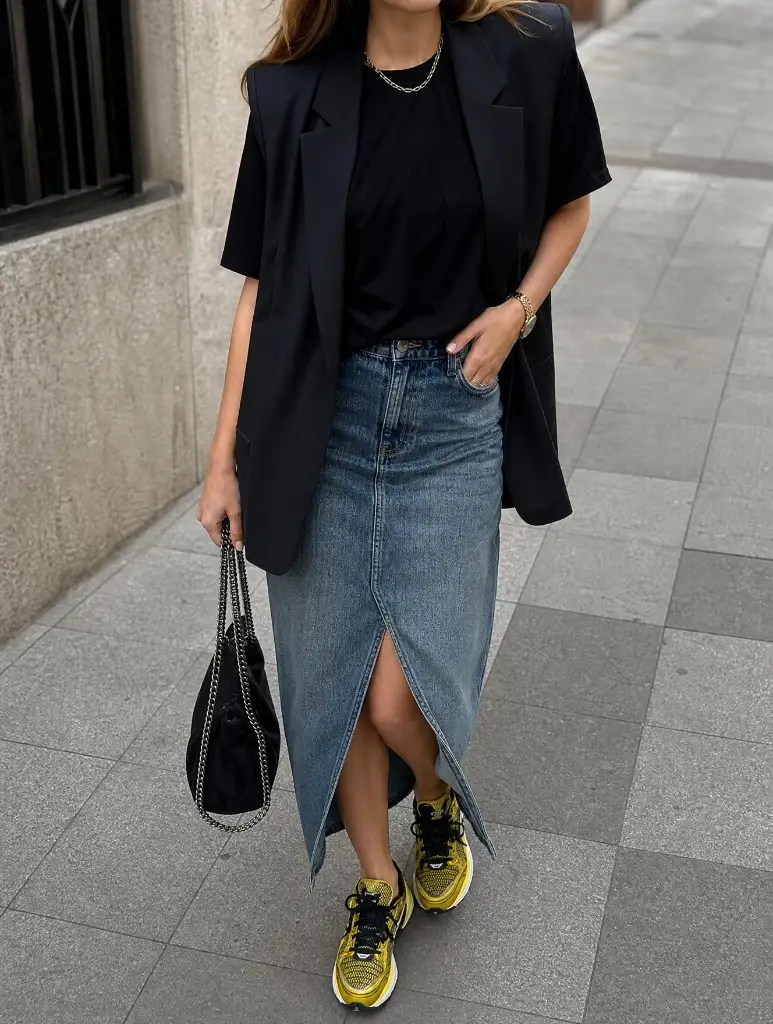 Black sleeveless blazer with t-shirt, denim midi skirt and yellow sneakers