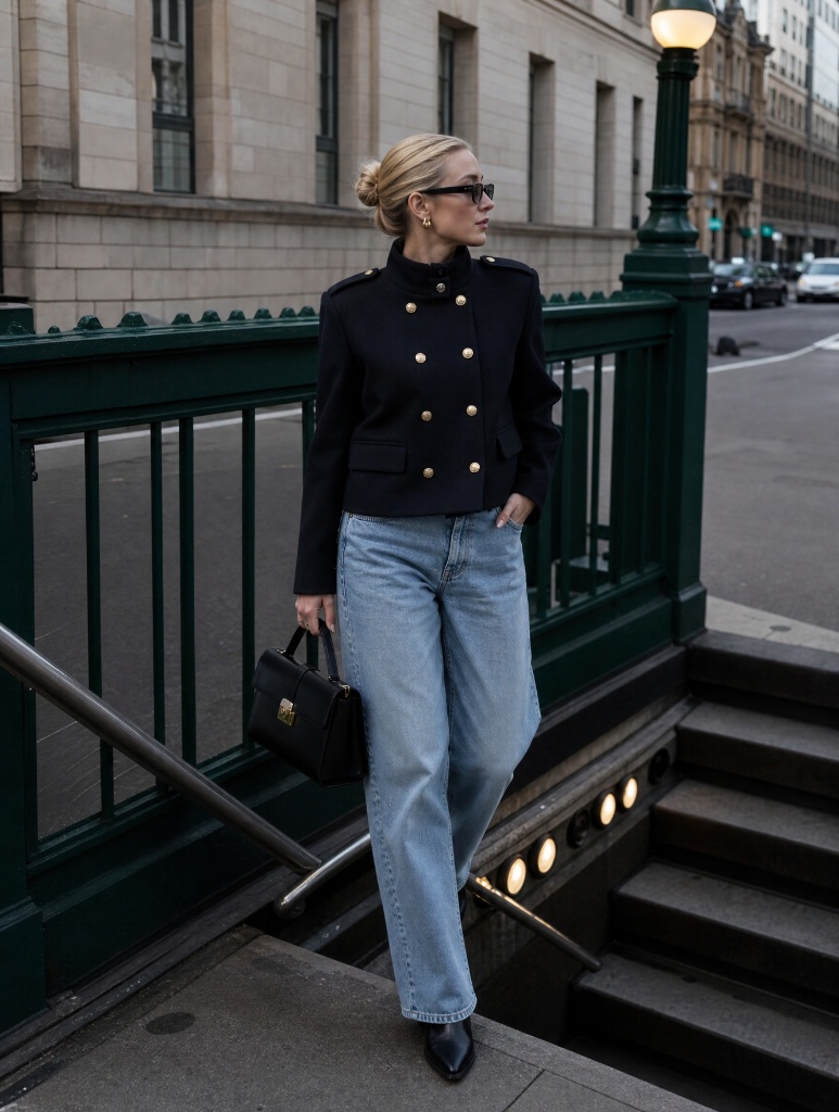 Woman in navy military jacket with gold buttons, light wash jeans and black boots
