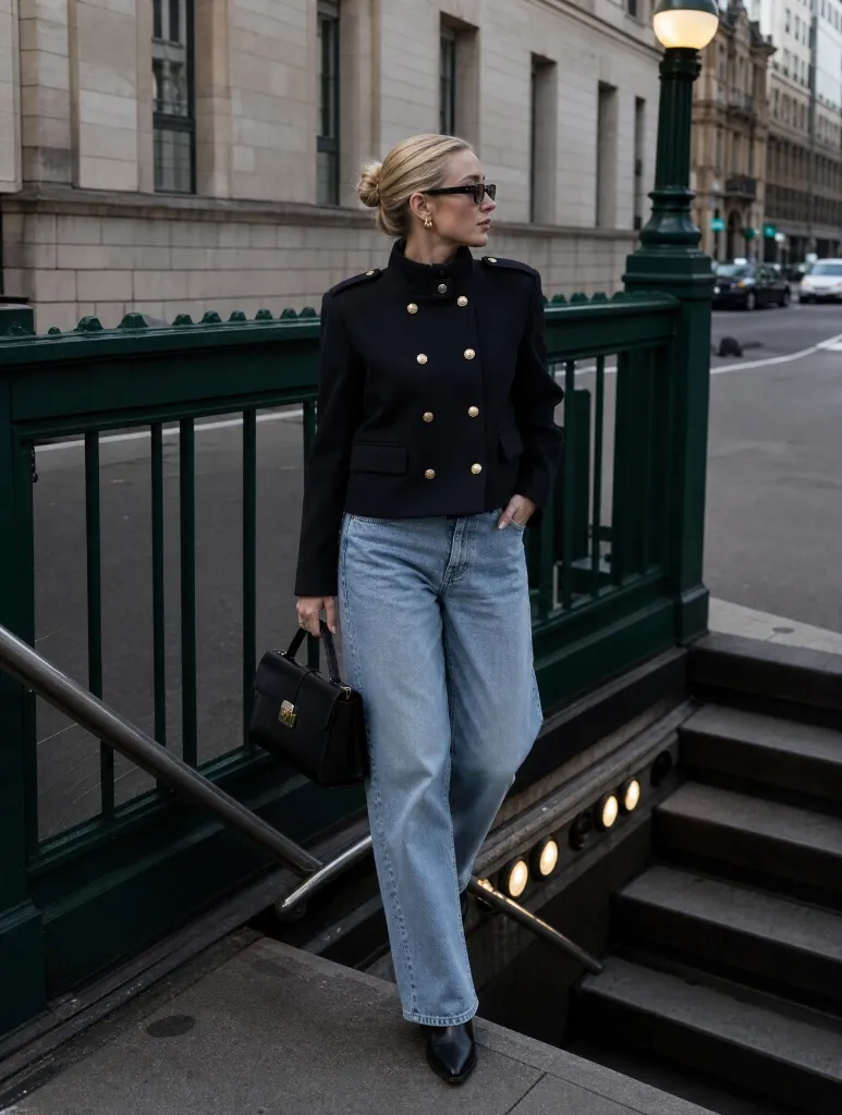 Woman in navy military jacket with gold buttons, light wash jeans and black boots