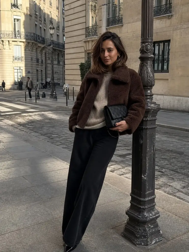 Brown teddy jacket with beige sweater and black wide-leg pants