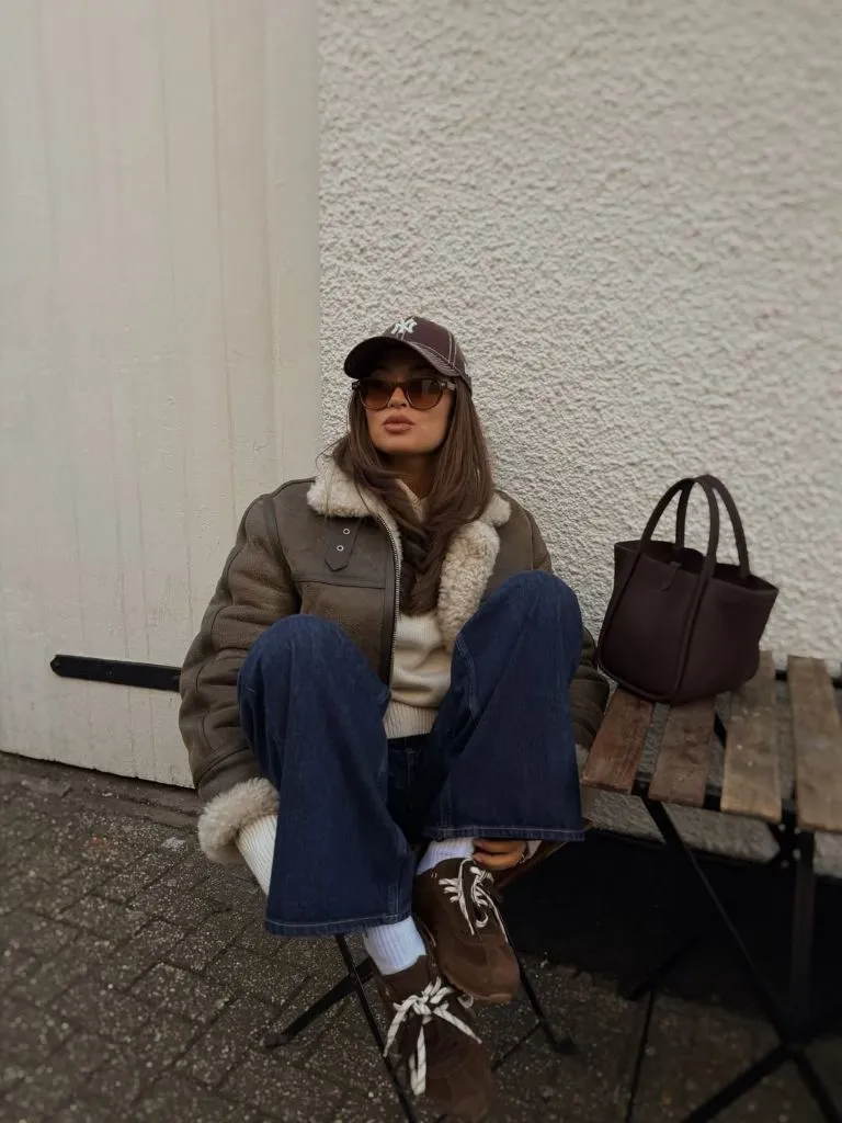 Olive shearling jacket with jeans, baseball cap, and brown tote
