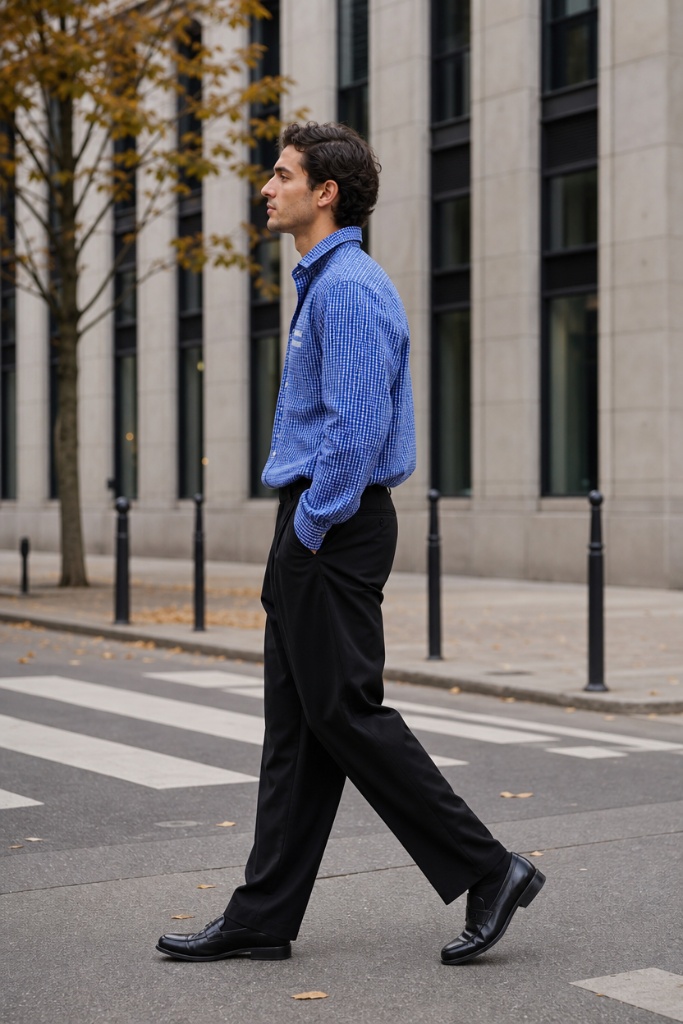 Clean minimalist men's outfit with blue gingham check shirt and black wide-leg trousers