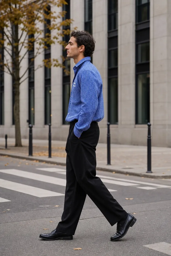 Clean minimalist men's outfit with blue gingham check shirt and black wide-leg trousers