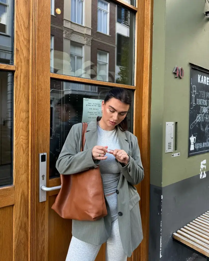 Sage blazer over grey athleisure set