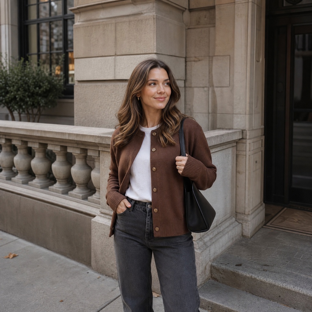 Open brown button-front cardigan over white tee with dark grey wide-leg jeans and black shoulder bag