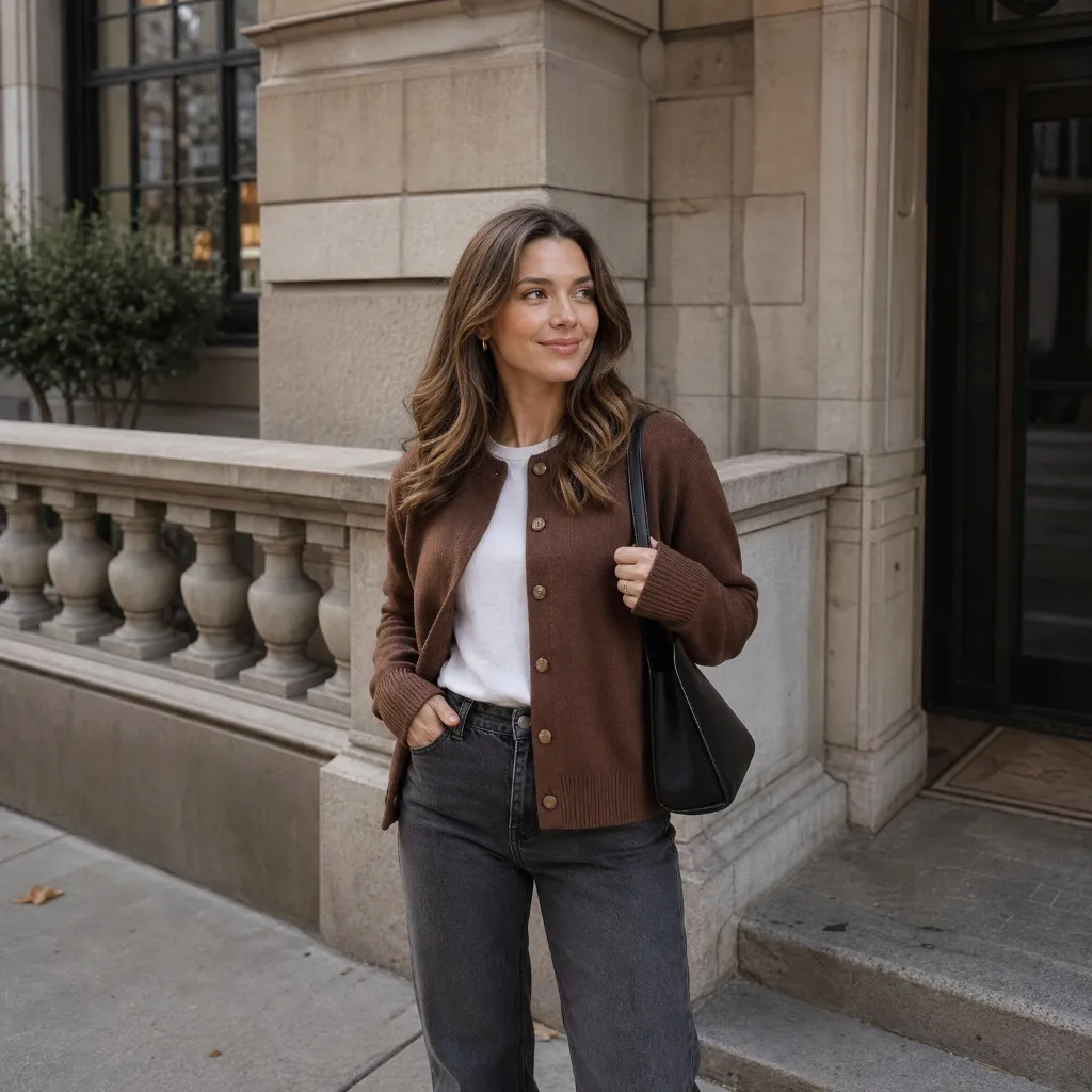 Open brown button-front cardigan over white tee with dark grey wide-leg jeans and black shoulder bag