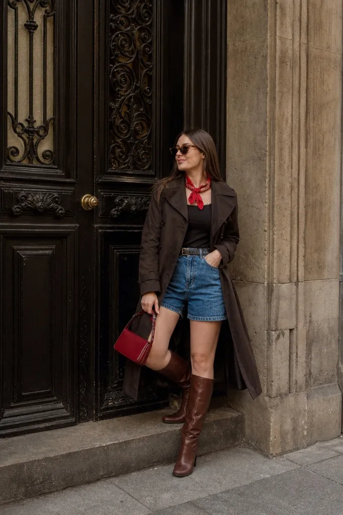 Brown trench with denim shorts and knee-high boots