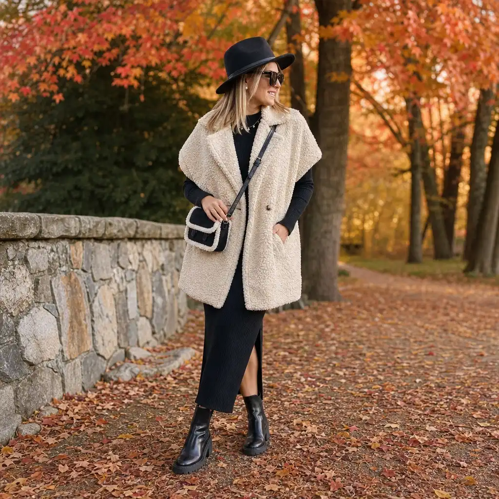 Cream teddy coat over black knit dress with boots