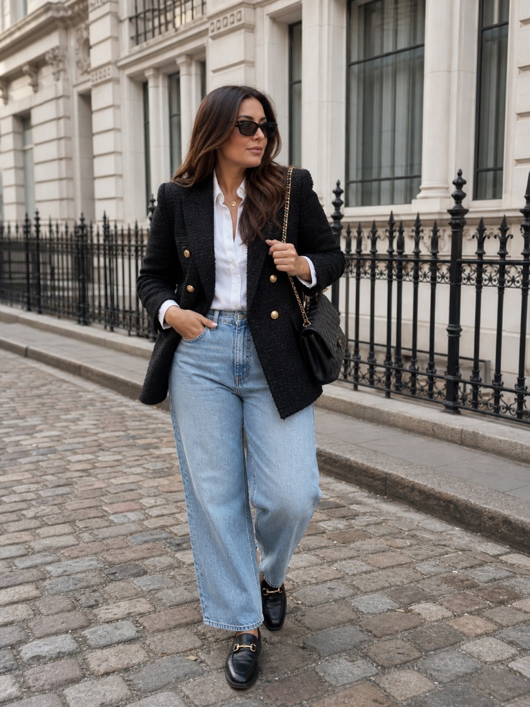 Black tweed blazer with gold buttons, white shirt, light-wash jeans, and Gucci loafers