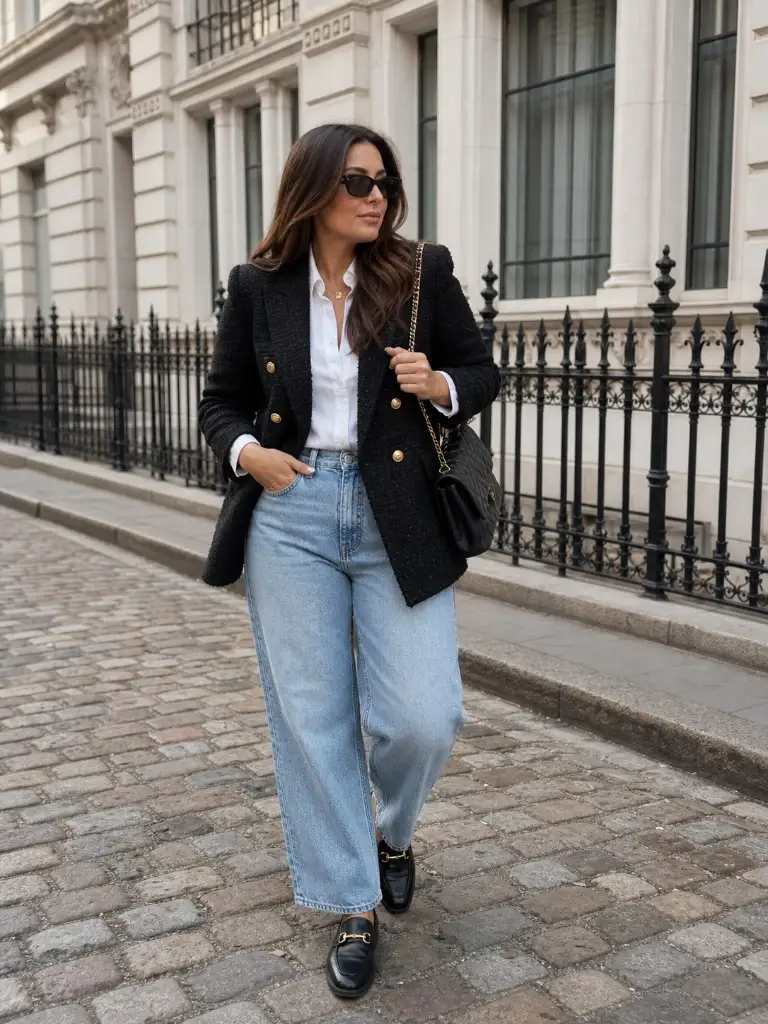 Black tweed blazer with gold buttons, white shirt, light-wash jeans, and Gucci loafers