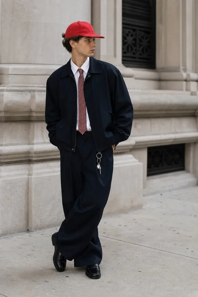 Men's street style outfit with navy oversized suit, red baseball cap, and striped tie