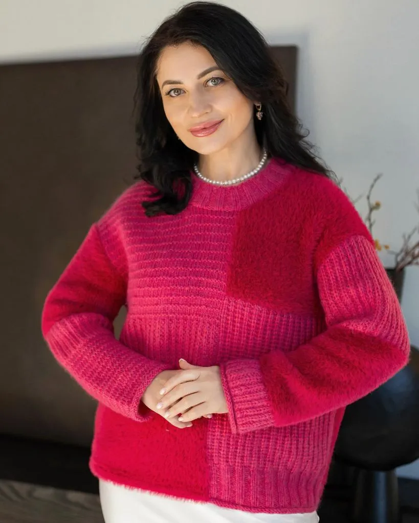 Red and pink patchwork textured sweater