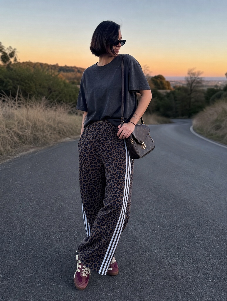 Black tee with leopard print track pants and burgundy sneakers