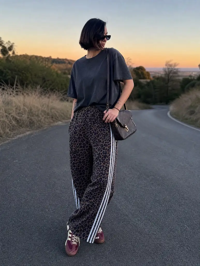 Black tee with leopard print track pants and burgundy sneakers
