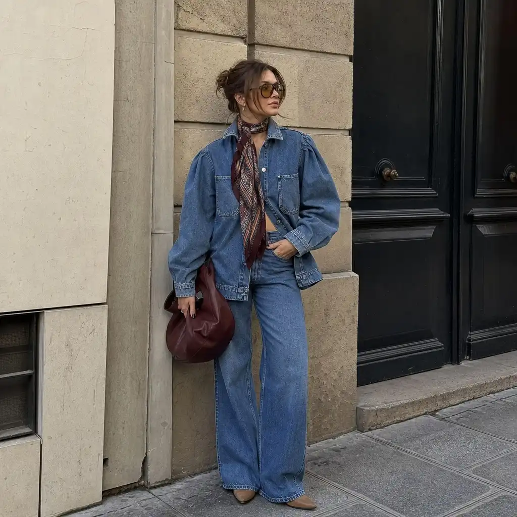 Denim on denim with burgundy scarf and sunglasses