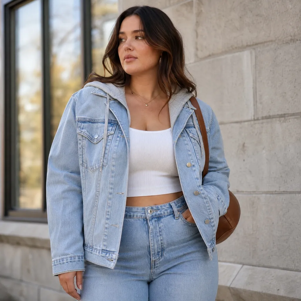 Light wash denim jacket with white crop top and jeans