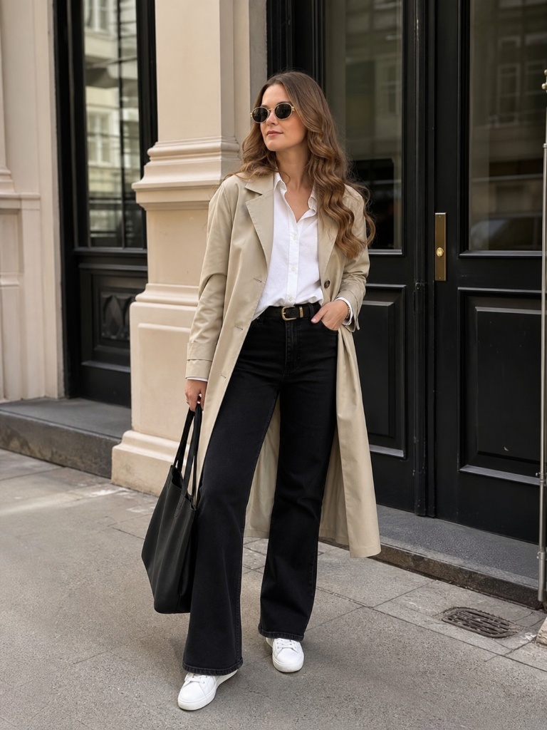 Trench coat and wide-leg jeans outfit